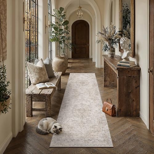 HUGEAR Hallway Runner Rugs 2x8 Washable Rug Beige Vintage Rug Carpet Low Pile Non Slip No Shedding Soft Durable Indoor Bedroom Kitchen Home Decor Floor Mat - color: Beige, size: 2' x 8' (Runner)