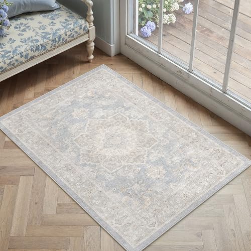 PureCozy Blue 2x3 Entryway Area Rug Washable Vintage Door Mat Non Slip Low Pile Carpet Indoor Soft Retro Mat Oriental Medallion Accent Throw Rug for Bathroom Office Bedroom Living Room - color: Blue, size: 2' x 3' (Rectangular)