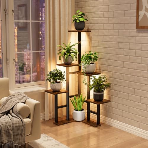 Yzosvki Corner Plant Stand Indoor with Grow Lights, 6 Tiered Corner Plant Shelf Flower Stand for Multiple Plants, Plant Shelves Organizer Rack for Living Room, Balcony, Patio, Square Rustic Brown - color: Square-Rustic Brown(with Lights), size: 6 Tier