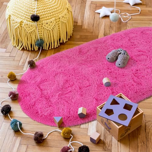Goideal Fluffy Bedroom Rug, Small Oval Area Rugs, Hot Pink Shag Bedside Carpet for Kids Room Nursery Dorm Cute Fuzzy Indoor Decor for Boy and Girl, 2.6 x 5.3 Feet - color: Hot Pink