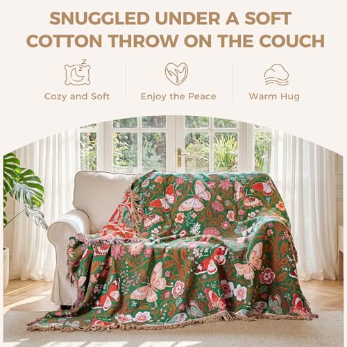LUTBM Boho Throw Blanket for Bed Cotton Summer Blankets for Bedroom Living Room Twin All Season Lightweight Butterflies Embroidery Quilt for Couch Sofa Chair 60"x80" - color: Butterflies Green, size: 60"×80"