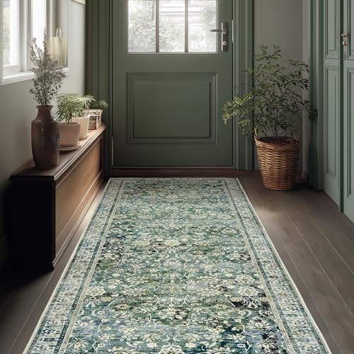 Green Washable Bathroom Hallway Runner Rug with Rubber Backing Non Slip Vintage Boho Floral Long Runners Rugs for Entryway Indoor Laundry Room Bath Floor Kitchen,2x6,24x72 Inch,Dark Emerald and Blue - color: Multi Green & Navy, size: 2' x 6' (Rectangular)