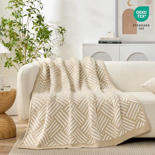 Snuggle Sac Ultra Soft Boho Throw Blanket for Couch Sofa Bed 50x60 inches, Reversible Beige Striped Blanket Microfiber Fluffy Fuzzy Cozy Knit Soft Throws Birthday Gifts for Women - color: Beige Boho, size: Throw(50"x60")