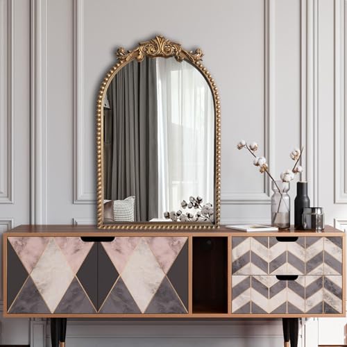 ironsmithn Gold Arched Mirror, 20"x32" Ornate Beaded Frame Mirror, Metal Decorative Accent Mirrors for Fireplace Bedroom Bathroom Living Room Entryway - size: 32"L x 20"W