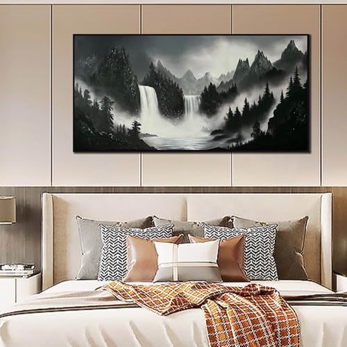 HUBOSKN Hand Painted Mountains Painting for Living Room - Waterfall Canvas Wall Art for Office - Large Framed Wall Art Bedroom Size 29" x 59" - color: Black and White, size: 59"L x 29"W Framed