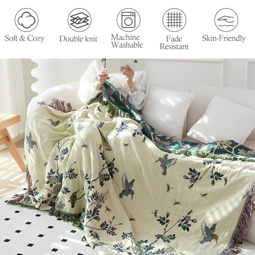 Snycler Boho Throw Blanket for Bed - 100% Cotton Ultra Soft Rustic Quilt Blanket Green Floral Bird Printed Farmhouse Decor Bed Blankets, 60"×80" All Season Rustic Throw for Sofa Chair Couch - color: Green Floral Bird, size: 60"x80"