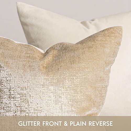 Phantoscope Pack of 2 Sparkling Velvet Decorative Solid Throw Decorative Pillow Cover Soft Gold Glitter Square Cushion Cover Pillowcase for Couch Bed and Chair, Beige, 12 x 20 inches, 30 x 50 cm - color: Beige and Gold, size: 20" x 12" (Pack of 2)
