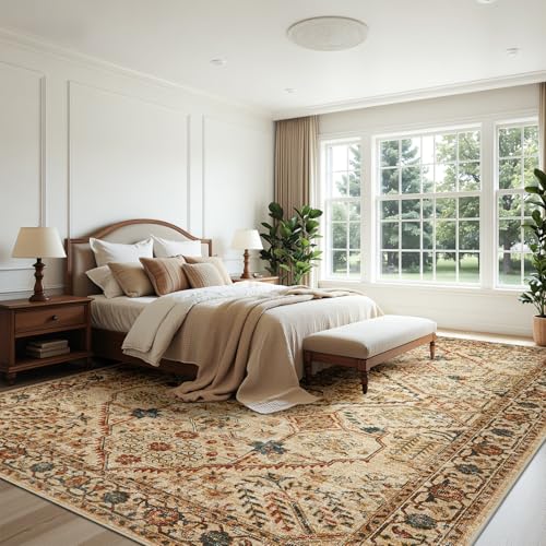 Joydeco 9x12 Area Rugs for Living Room, Non Slip Machine Washable Vintage Rug, Low Pile Chenille Print Rugs for Bedroom, Dining Room, Home Office, Pet & Child Friendly, Tan - color: Tan, size: 9' x 12' (Rectangular)