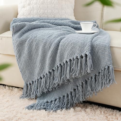 BATTILO HOME Bluish Grey Chenille Throw Blanket for Couch, Knit Throw Blanket,Super Soft Warm Home Decor Throw Blanket with Tassels for Bed,Sofa and Living Room,60" x 80" - color: Bluish Grey, size: 60"x80"