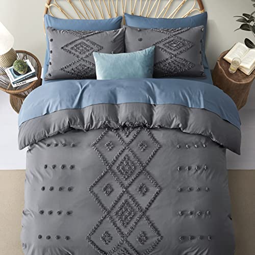 Oli Anderson Tufted Duvet Cover Queen Size, Soft and Lightweight Duvet Covers Set for All Seasons, 3 Pieces Boho Embroidery Shabby Chic Bedding Set (Grey, Queen, 90" x 90") - color: Grey, size: Full/Queen(90"×90")