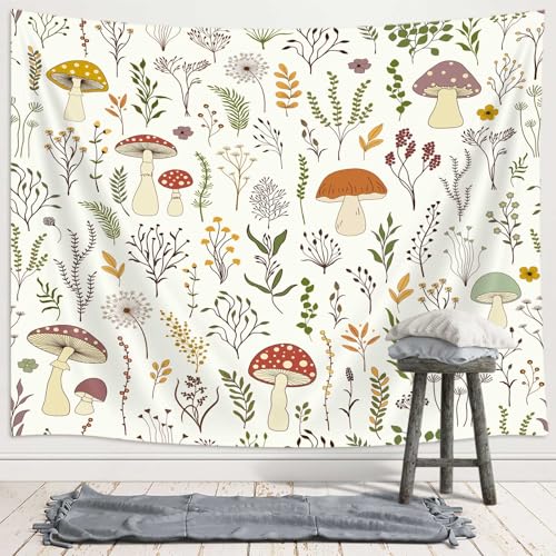 DYNH Mushroom Tapestry, Boho Floral Botanical Green Leaves Wall Hanging,Retro Flowers Country Farm Aesthetic Cottagecore Tapestries for Bedroom Living Room Dorm TV Backdrop,71x60In - color: Beige, size: 71"L x 60"W