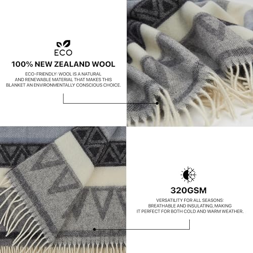 | Wool Blanket/Throw | 100% New Zealand Wool | Perfect for Home and Outdoors | Virgin Wool Throw with Fringes 75"x87" (190 x 220 cm) - color: Blue Geometry, size: Full