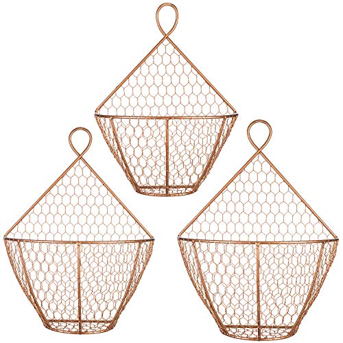 MyGift Set of 3, Farmhouse Copper Metal Wire Mesh Wall Hanging Baskets, Wall-Mounted Storage Basket, Decorative Kitchen Fruit Wall Basket Produce Holder