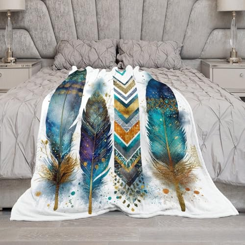 Blanket Feather Pattern Blue Throw Blanket for Women Men, 60"x80" Vintage Watercolor Gold Branch Plush Flannel Throws, Decor for Bed Couch Bedroom - color: Feather Pattern Blue, size: 60"x80"