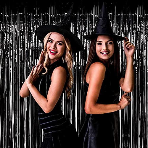 4 Pack Black Foil Fringe Curtain Backdrop, 3.28Ft x 8.2Ft Metallic Tinsel Streamer Curtains for Party, Photo Booth Props, Birthday, 2022 Graduation Decoration Party Supplies - color: Black
