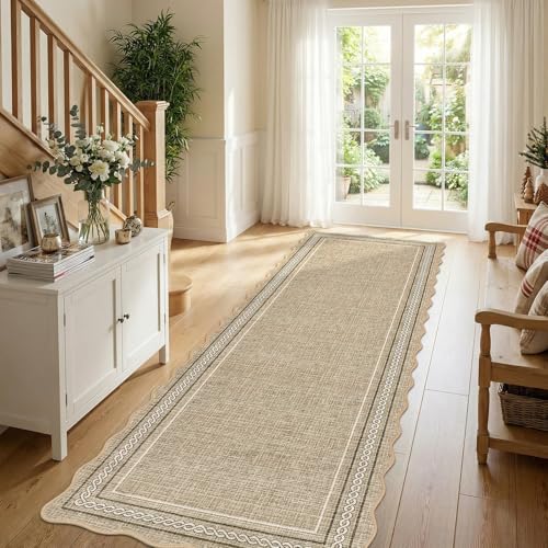 GarveeHome Scalloped Washable Runner Rug 2x6 Hallway Runner Non Slip Kitchen Rugs Soft Non Shedding Low Pile Entryway Rug Stain Resistant Carpet for Bath Laundry Room, Jute - color: Jute Color, size: 2' x 6' (Runner)