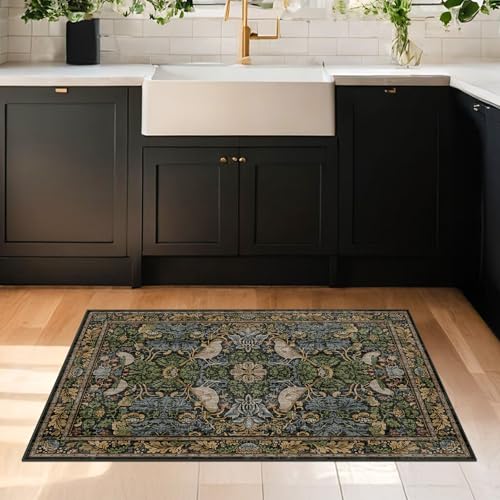 Hazo Haus Washable Dark Vintage Floral Rugs for Entryway - Small 2x3 Washable Rug for Kitchen Bathroom Door Mat Indoor Entrance with Bird & Botanical Pattern, Brown Earthy Tones, Non Slip Low Pile - color: Dark Green / Brown, size: 2' x 3' (Rectangular)