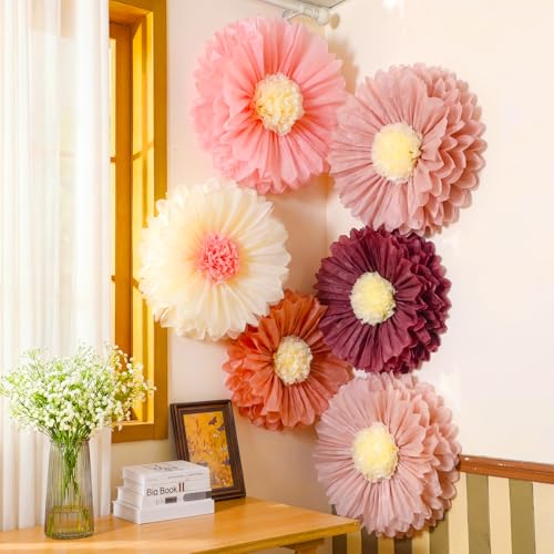 Giegxin 6 Pcs 31.5", 24" Pink Giant Paper Flower Boho Large Tissue Paper Flower for Wall Big Pink Pom Pom Floral Decorations for Wedding Bridal Shower Tea Party Baby Shower Classroom Birthday Decor - color: Pink, size: Circle 31.5", 24"