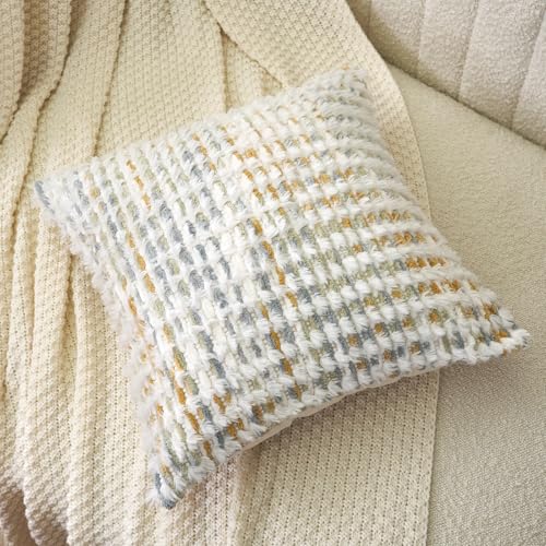 Aeckself Boho Chenille Tufted Pillow Cover 20 x 20 Inch, Decorative Square Throw Pillow Cover Neutral Pillowcase for Couch Bedroom Living Room, Yellow White - color: Yellow White, size: 20" x 20" (Pack of 1)
