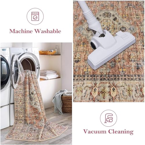 Lahome Oriental Small Area Rug, 2x4 Soft Washable Rugs for Entryway Kitchen, Non-Slip Ultra-Thin Fall Indoor Door Mat Vintage Small Carpet for Bathroom Bedroom Eleanor, Peach/Orange - color: Terracotta, size: 2' x 4' (Rectangular)