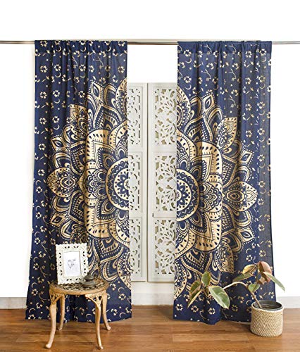 Popular Handicrafts Indian Hippie Bohemian Beautiful Passion Ombre Color Mandala Curtain Panels Blue Gold - color: Blue Gold, size: 25"W x 74"L (Pack of 2)