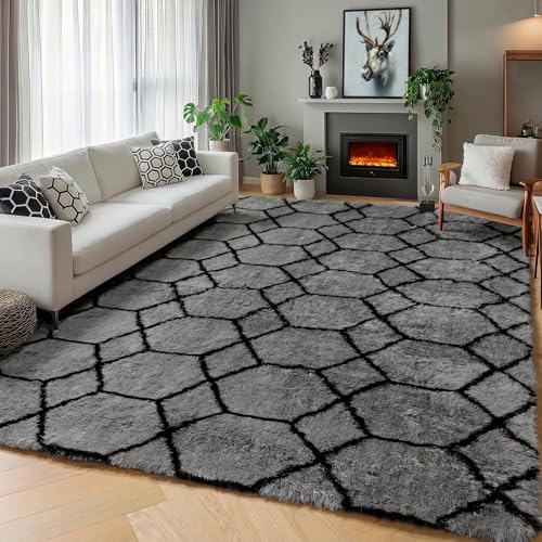 ONASAR Area Rugs for Bedroom Living Room, Fluffy 4x6 Grey and Black Bedside Rug for Nursery Kids Teen Dorm, Soft Shaggy Geometric Plush Fuzzy Indoor Floor Carpet for Home Decor Aesthetic - color: 1- Grey / Black, size: 4' x 6' (Rectangular)
