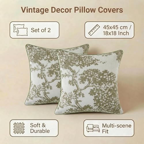 Mantle & Mason Floral 18x18 Throw Pillow Covers Set of 2, French Vintage Woven Jacquard Decorative Accent Pillow Cases for Couch, 430GSM Thick Chenille & Luxury Velvet, Sage Green - color: Tree Pattern Sage Green, size: 18" x 18" (Pack of 2)