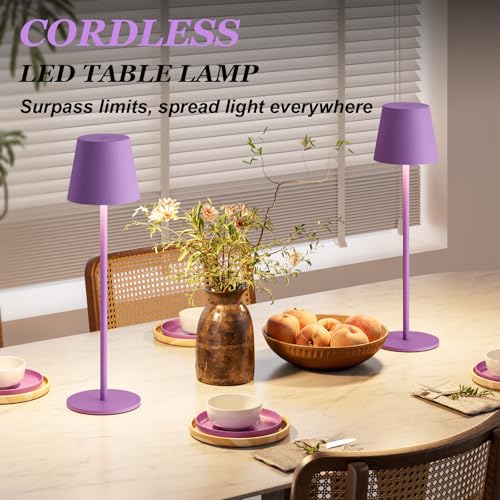 Kakanuo Cordless Table Lamp Rechargeable Purple - KK 2 Pack 5000mAH Battery Operated Lamp for Counter, 3 Color Stepless Dimming Wireless Lamp for Dining Kitchen, Outdoor Patio, Touch Control - color: Purple, size: 2 Pack 14in - Down Light