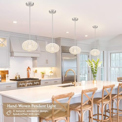 White Mini Rattan Pendant Light Hemp Rope Rattan Light Fixture Woven Pendant Wicker Chandelier Boho Chandelier for Kitchen Island - color: 8.7" White