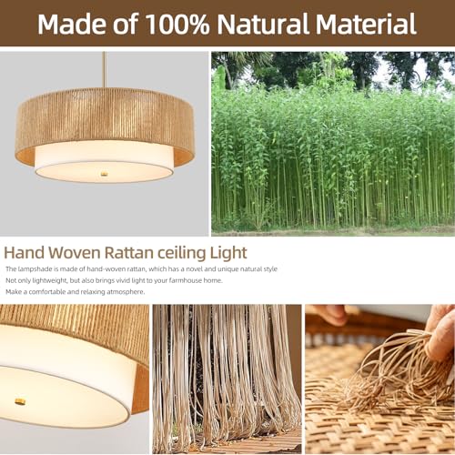 18'' Boho Rattan Chandelier Drum Pendant Light with Fabric Lampshade Hanging Light Fixture 3-Light Farmhouse Chandeliers for Dining Room Bedroom Kitchen Hallway Foyer - color: 18" Rattan&Fabric Gold