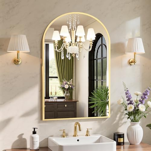 Sweetcrispy 20"x30" Arched Gold Bathroom Mirrors for Wall | Bathroom Mirrors for over sink, Metal Framed with HD Shatter-Proof Glass for Entryway, Living Room, Bedroom - color: Gold, size: 30"L x 20"W