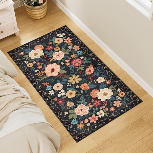 DUKINO 2x4 Rug for Entryway, Washable Kitchen Floral Runner Rug with Non Slip Backing, Low Pile Soft Boho Carpet for Kitchen, Hallway, Entryway, Laundry, Bedroom, Black - color: Black, size: 2' x 4' (Rectangular)