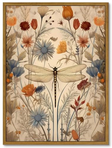 Framed Vintage Dragonfly Canvas Wall Art Picture Boho Natural Poster Prints Farmhouse Cottagecore Wall Decor for Living Room Bedroom 12x16in - color: Dragonfly, size: 16"L x 12"W