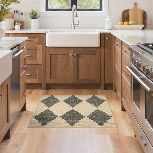 Bavni Checkered Easy Jute Rug,2x3 Door Mat Machine Washable Non Slip Woven Plaid Small Rug, Geometric Diamond Non Shedding Modern Farmhouse Carpet for Entryway, Bathroom, Kitchen, Laundry Room - color: Checkered-3, size: 2X3