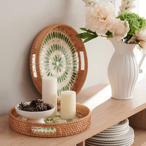YANGQIHOME Round Serving Tray With Decorative Mother of Pearl Inlay, Rattan Wicker for Home Decor, Table Decor, Gifts, Dining, Woven for Food, Fruit, Coffee, 11.8 Inch - color: Green/White, size: 11.8"