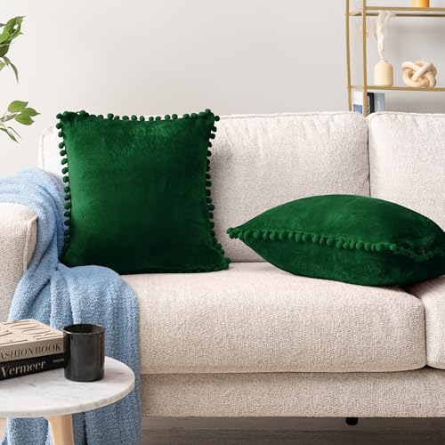 PAVILIA Emerald Green Throw Pillow Covers with Pom Pom 20x20 Set of 2, Decorative Pillow Cases for Bedroom Aesthetic, Small Throw Pillows Set for Bed, Velvet Euro Plush Cushion Covers for Sofa Couch - color: Emerald Green, size: 20" x 20" (Pack of 2)