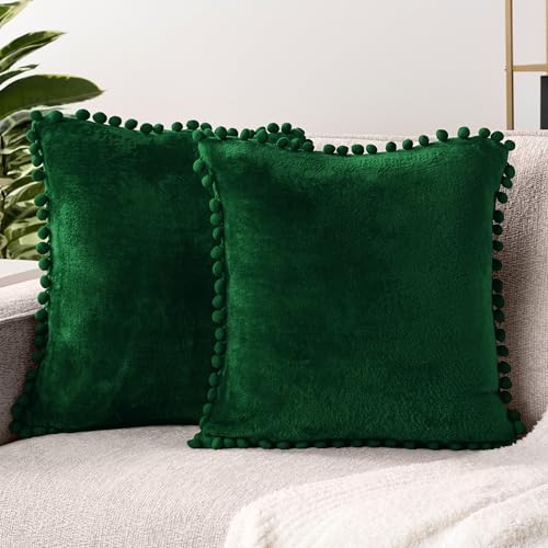 PAVILIA Emerald Green Throw Pillow Covers with Pom Pom 18x18 Set of 2, Decorative Pillow Cases for Bedroom Aesthetic, Small Throw Pillows Set for Bed, Velvet Euro Plush Cushion Covers for Sofa Couch - color: Emerald Green, size: 18" x 18" (Pack of 2)