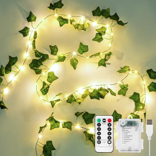 KASZOO 33ft 100 LED Vine with Fairy Lights with Remote, Fake Vines String Lights Battery/USB Operated, Ivy Garland, Leaf Lights for Bedroom Garden Party Wall Room Decor - color: IVY-USB/Battery Powered-100 LED-Copper Wire