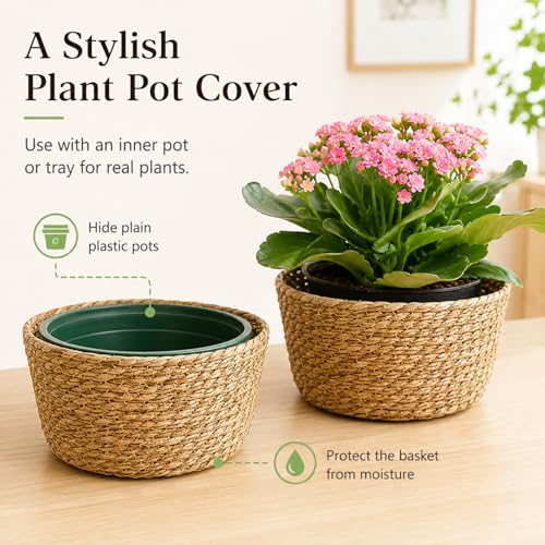 3 Pcs Natural Woven Planter Basket, Handwoven Grass Plant Basket Pot Cover, Round Decorative Storage Basket for Indoor Plants, Flower Pots, Desktop Organizer (Large) - size: Large