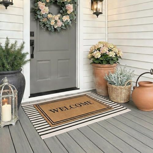 LEEVAN Black and White Striped Rug Doormat 2x3 Washable Front Porch Rug Farmhouse Layered Door Mats Outdoor Cotton Hand Woven Throw Carpet for Entryway/Front Steps/Bathroom/Home Entrance - color: Black and White, size: 2' x 3' (Rectangular)