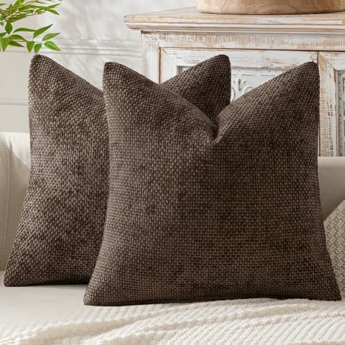 MIULEE Pack of 2 Couch Throw Pillow Covers 18x18 Inch Neutral Dark Brown Boho Accent Decorative Pillow Covers Soft Chenille Farmhouse Cushion Covers for Home Decor Bed Sofa Living Room - color: Dark Brown, size: 18" x 18" (Pack of 2)