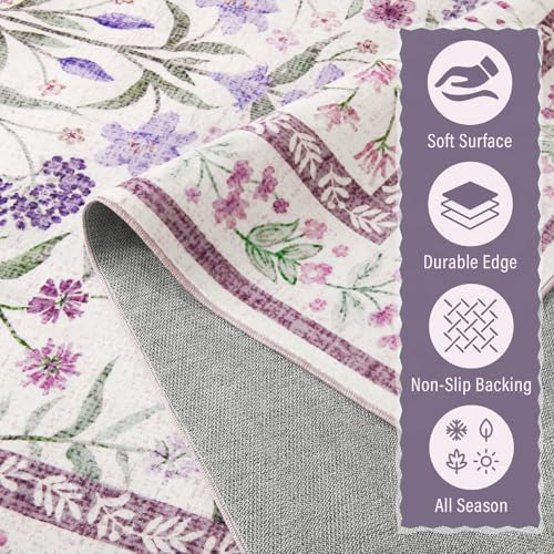 Amearea 8x10 Area Rugs for Living Room, Washable Area Rugs 8 x 10 Purple Floral Rug, Vintage Low Pile Cute Kids Girls Room Print Carpet, Non Slip Office Nursery Bedroom Dining Room Farmhouse Decor - color: Purple, size: 8x10 Feet