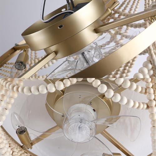 20'' Boho Ceiling Fan with Lights Flush Mount,Bohemia Gold Wood Bead Enclosed Ceiling Fan Light, 4 Lights Low Profile Ceiling Fans with Remote Control for Bedroom Living Room Dining Room Kitchen - color: Gold