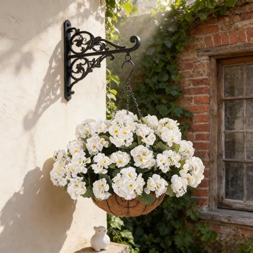 INSPRING Geraniums Artificial Flowers Hanging Basket for Outdoors Outside Spring Decoration, 8 Bundles Silk Flowers Fake Plants Look Real UV Resistant for Porch Home Patio Balcony Yard, White - color: White