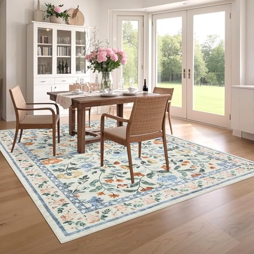 GarveeHome 5x7 Washable Non-Slip Rug, Vintage Floral Area Rug for Living Room, Low Pile Farmhouse Distressed Carpet for Nursery Playroom Dorm Teens Office, Green - color: Green, size: 5' x 7' (Rectangular)