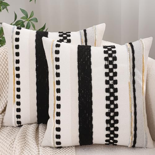 Boho Throw Pillow Covers 18x18 inch Set of 2 Black and Cream Pillow Covers Stripe Tufted Decorative Pillow Case Accent Chenille Pillowcase Farmhouse Patterned Cushion Case for Home Decor - color: Black Stripe, size: 18" x 18" (Pack of 2)
