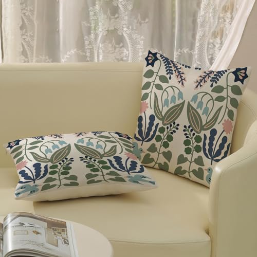 Boho Sage Green Throw Pillow Covers 16x16 Inch 2 Pcs Navy Blue Vintage Floral Decor Pillow Covers Flower Spring Summer Seasonal Outdoor Decorative Pillowcase Linen Cushion Cover for Couch Sofa - color: Blue Green Boho Floral, size: 16" x 16" (Pack of 2)