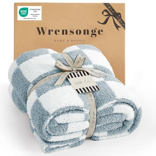 WRENSONGE Checkered Throw Blanket, Grey Blue Soft Cozy Fluffy Warm Hand Made Throw Blankets for Couch, Sofa, Chair, Bed, Camping, Picnic, Travel Lightweight Bed Blanket - 50"*70" - color: Arctic Blue, size: Throw-XL(50"x 70")
