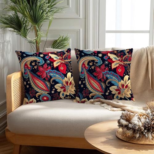 Firmiso Paisley Boho Throw Pillow Covers 18x18 Set of 2｜Decorative Cushion Covers for Couch Sofa Bed｜Vintage Floral Paisley Pillow Cases｜Navy Red Gold Bohemian Home Decor Accent - color: Paisley Boho