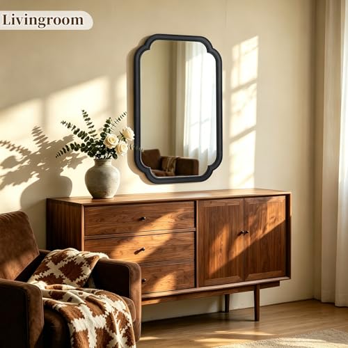 HOMECOOKIN Wood Bathroom Mirror for Wall Decor Arched Rounded Corner Rustic Wood Frame Wall Mirror Home Decorative for Vanity, Living Room, Bedroom, Entryway (20 x 30 inch, Black) - color: Black, size: 30"L x 20"W